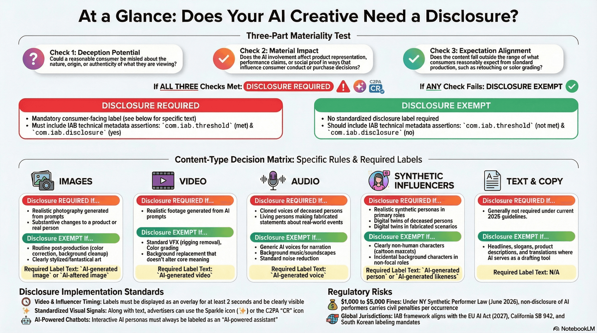 At a Glance: Does Your AI Creative Need a Disclosure? — visual reference card showing all five content types with key exemptions and requirements